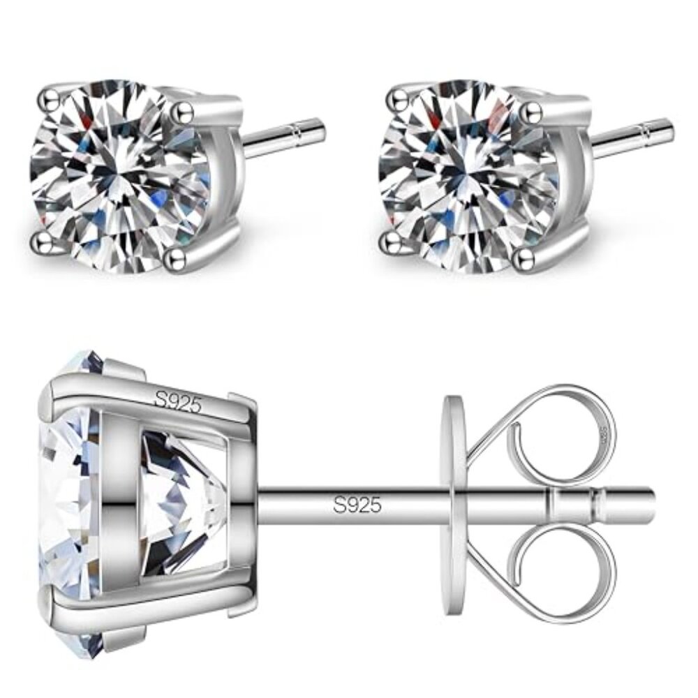 Moissanite Stud Earrings Sterling Silver White Gold Plated Hypoallergenic - Picture 2 of 8